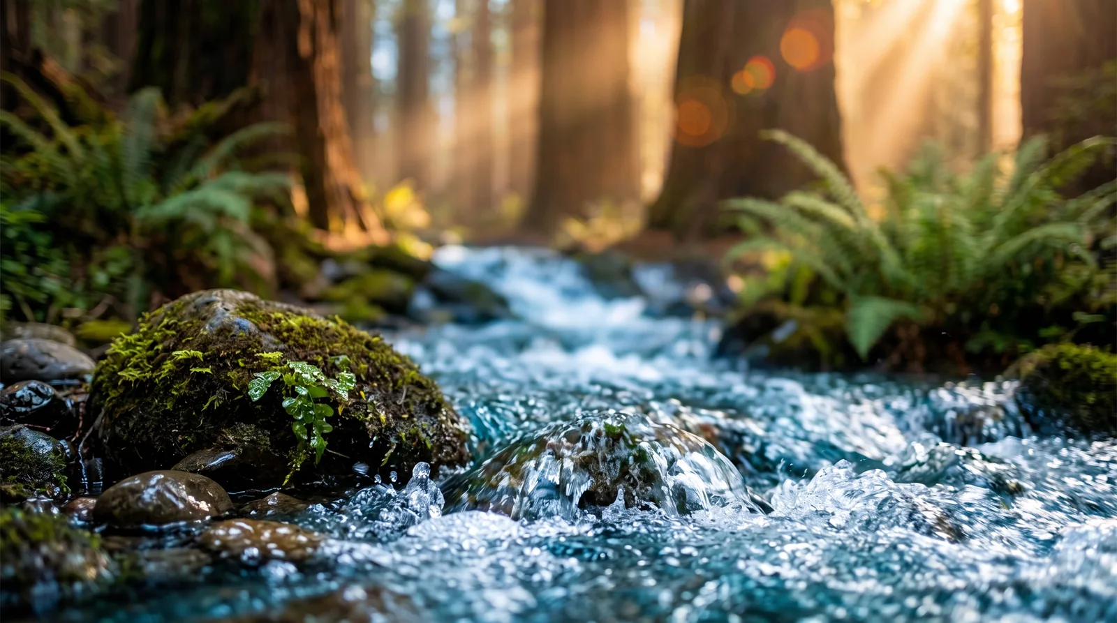 Clear blue water flowing over mossy stones through a sunlit redwood forest.