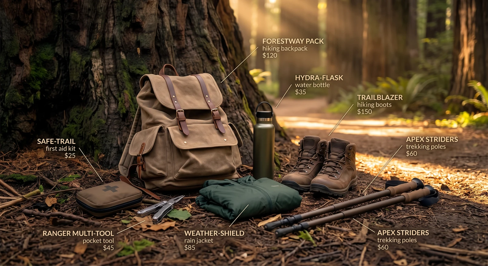 Illustrative outdoor product catalog on a redwood forest floor: Forestway Pack hiking backpack $120; Hydra-Flask water bottle $35; Trailblazer hiking boots $150; Safe-Trail first aid kit $25; Ranger Multi-Tool pocket tool $45; Weather-Shield rain jacket $85; Apex Striders trekking poles $60.