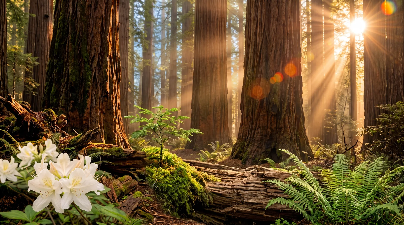 A small green redwood sapling surrounded by white flowers and ferns beneath towering sunlit redwoods.